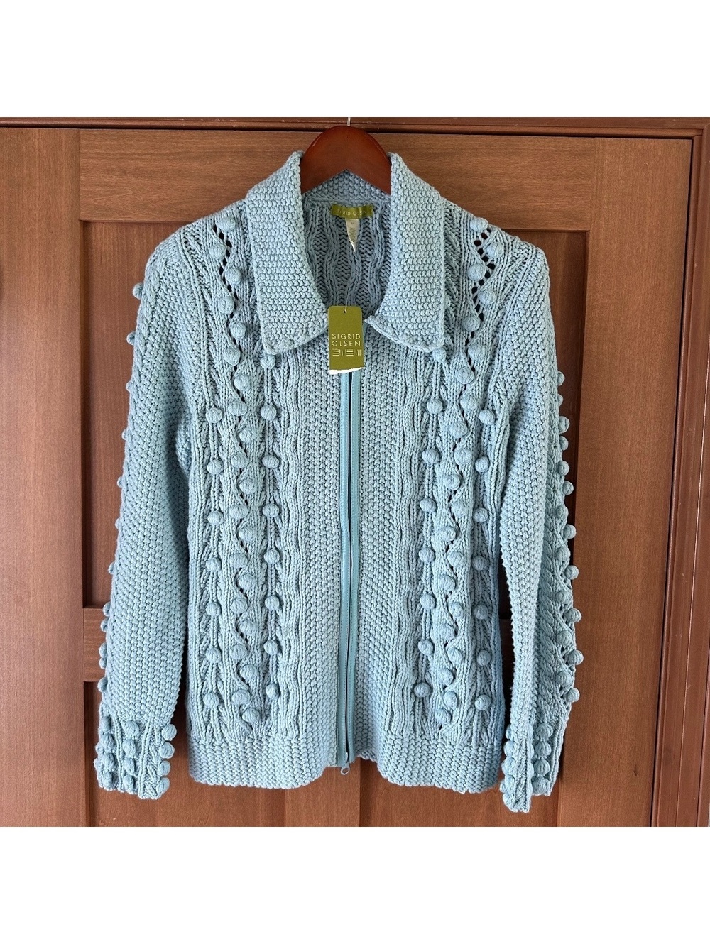 NWT Sigrid Olsen Cool Collage Knit Cardigan Zip Up Sweater Blue Pom Pom Medium
